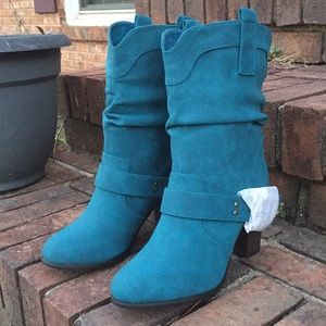 FASHIONABLE MID HIGH BUCKLE COWBOY CHUNKY HEELS